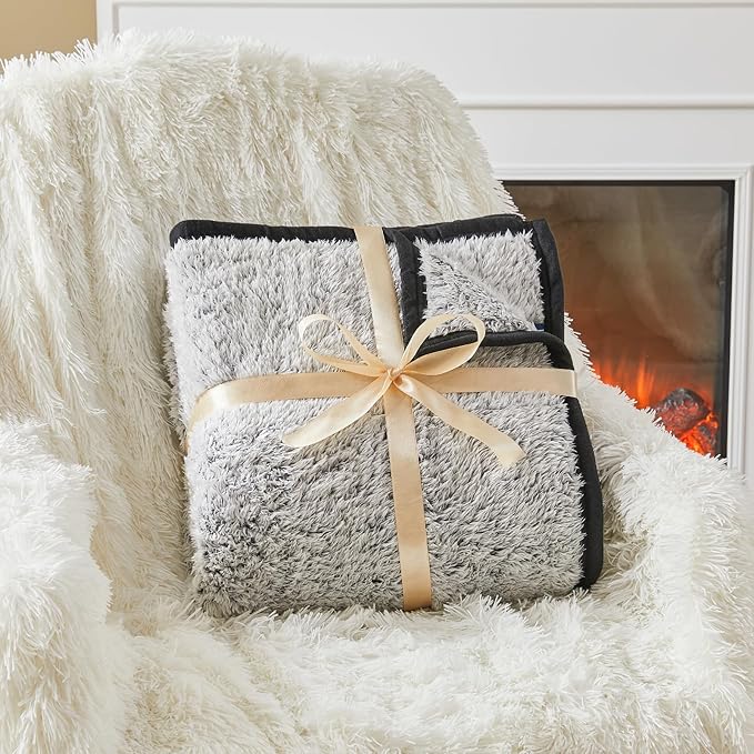 EMME Soft Sherpa Fleece Blanket Reversible Plush Fluffy Large Blanket, Light Weight Warm Decorative Boho Blanket Cover for Sofa, Couch, Bedroom,Travel(Black,60"x80")