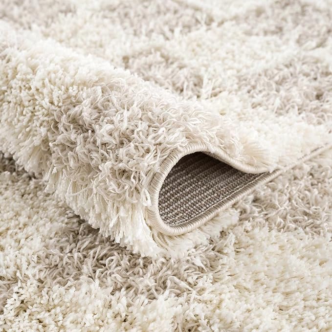 Hauteloom Atira Contemporary Checkered Fluffy Shag Runner Rug - Modern Geometric Carpet Tiles for Hallway, Kids Room - Plush Pile Carpet Squares - Cream,Light Beige - 2'7" x 10'