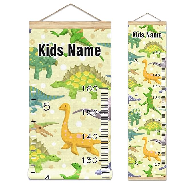 Personalized Kids Name Growth Chart Ruler for Wall Wood Frame Height Measure Chart 13.4x56 in Linen Hanging Height Growth Chart Cartoon Dinosaur Animal Kids Room Decor