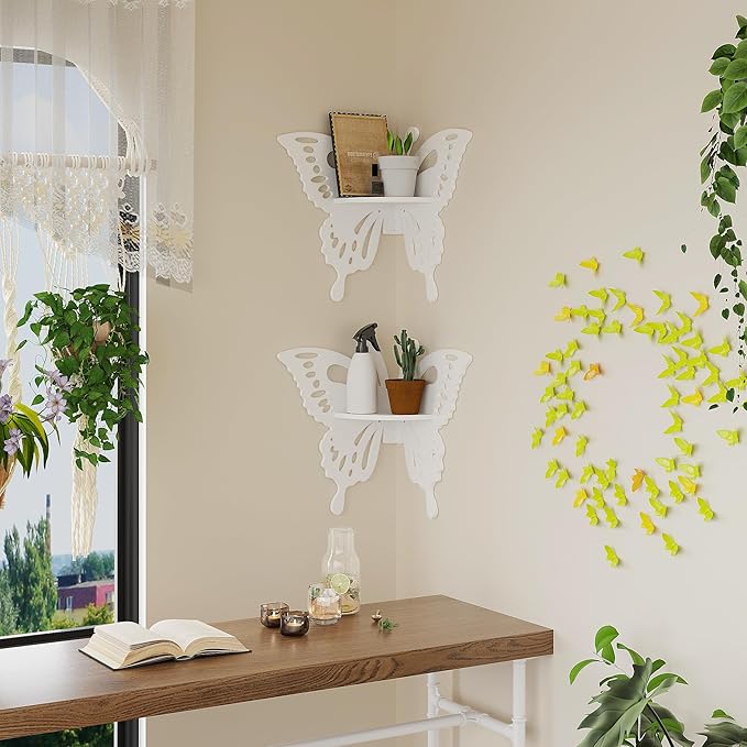 2-Tier Butterfly Corner Shelf - Nursery Wall Deor Floating Corner Shelf for Kid’s Room, Small Cute Decorative Shelf Wall Mounted, White Hanging Hollow Out Shelf for Toys, Plants and Storage