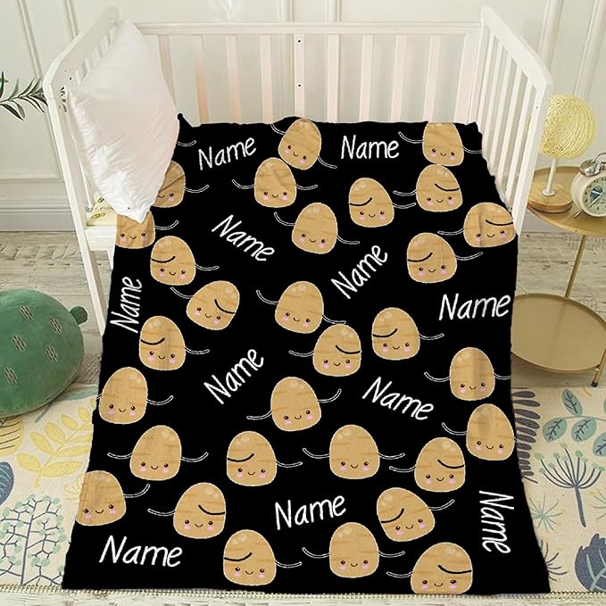 Thuswarm Custom Flannel Blanket with Text Cute Potato Kawaii Black Customized Blankets Warm Unique Personalized Throw Souvenirs Gift of Love