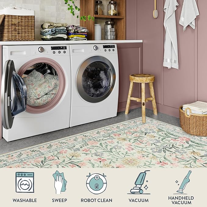 Lahome Boho Washable Girls Bedroom 9x12 Rugs, Beige Cream Floral Large Area Rugs for Bedroom, Soft Non-Slip Thin Carpet for Nursery Kids Playroom Dining Room Home, Beige