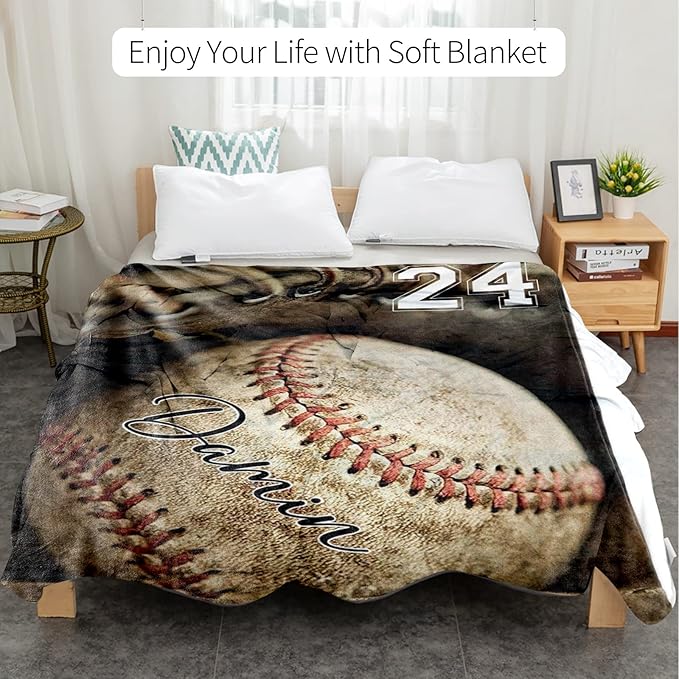 Personalized Baseball Blanket for Baby Boys and Girls - Soft and Fluffy Sport Blanket for Toddlers and Kids - Custom Name and Number Gift for Newborn(60"x80")