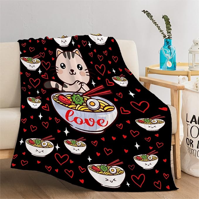 Thuswarm Kawaii Ramen Cat Red Heart Love Flannel Throw Blanket Warm Cozy Soft Funny Print Blankets for Bed Couch Sofa Room Decoration Gifts 50"×40" Small for Kid