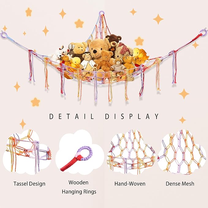 Stuffed Animal Hammock with LED Light, Large Stuffed Animals Storage Corner Plushie Net for Kids Room Decor, Jumbo Rainbow
