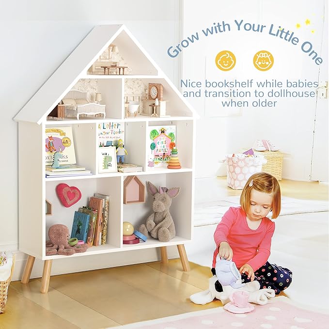 Curipeer Kids Dollhouse Bookshelf and Baby Storage - Wooden Stand Dollhouse Bookcase with 4-Tier Storage Display Organizer, Children Bookshelf for Playing Room, Nursery - White