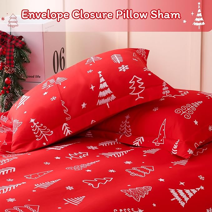 JSD Red Christmas Tree Kids Duvet Cover Set Twin Size, 2 Piece Xmas Comforter Cover with Pillow Sham Zipper Closure, Comforter Not Included