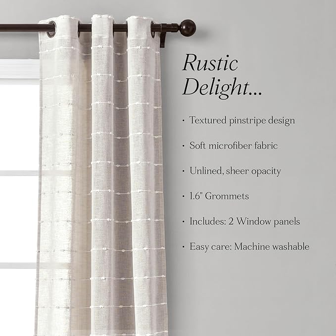 Lush Decor Farmhouse Textured Grommet Sheer Window Curtain Panel Pair, 38"W x 120"L, White