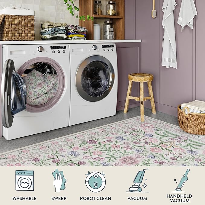 Lahome Boho Purple Floral 5x7 Area Rugs, Washable Rugs for Bedroom Nursery Decor, Soft Non-Slip Lavender Carpet for Kids Room Girls Playroom Living Room, Pale Lilac/Pink