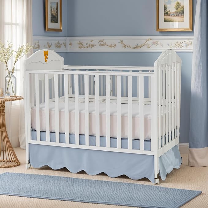 Brandream Scallop Edge Cotton Crib Skirt, Baby Boy Girl Gender Neutral Crib Skirt Toddler Bedskirt Farmhouse Chic Nursery Crib Bed Skirt, Boho Bohemian Solid Mist Blue