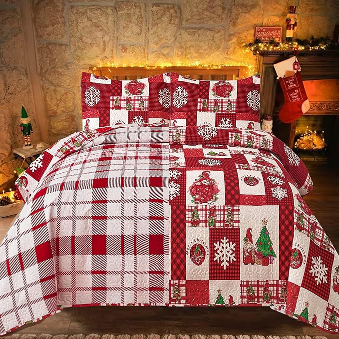 Christmas Quilt Set Queen Size Bedding - Red Plaid Xmas Bedspread With Gnome Decor, Holiday Lightweight Reversible Quilt