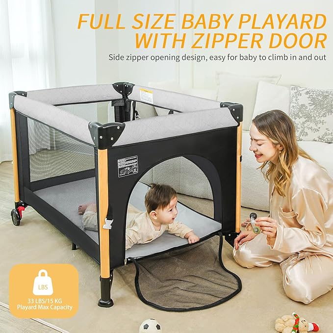 Baby Bassinet Bedside Crib for Travel with One-Hand Setup 5-in-1 Foldable Baby Playpen, Portable Pack and Play with Bassinet,Diaper Changer & Adjustable Mattress for Newborn to Toddler (Black)