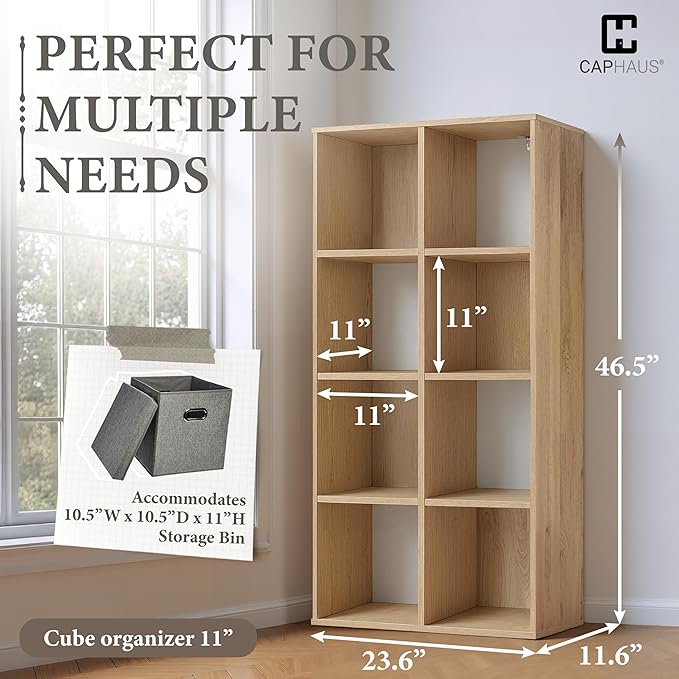 CAPHAUS 11-Inch Cube Storage Organizer Shelf, Home Storage Shelf Divider w/Back, 8-Cube Storage Bookcase, Natural Oak