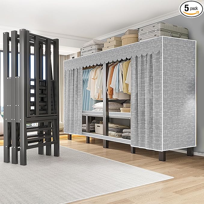 FPIGSHS Heavy Duty Clothes Rack with Cover Foldable Covered Clothes Rack for Hanging Clothes portable Wardrobe Closet System Freestanding Coat Storage Garment Racks for bedroom (grey, 75in)