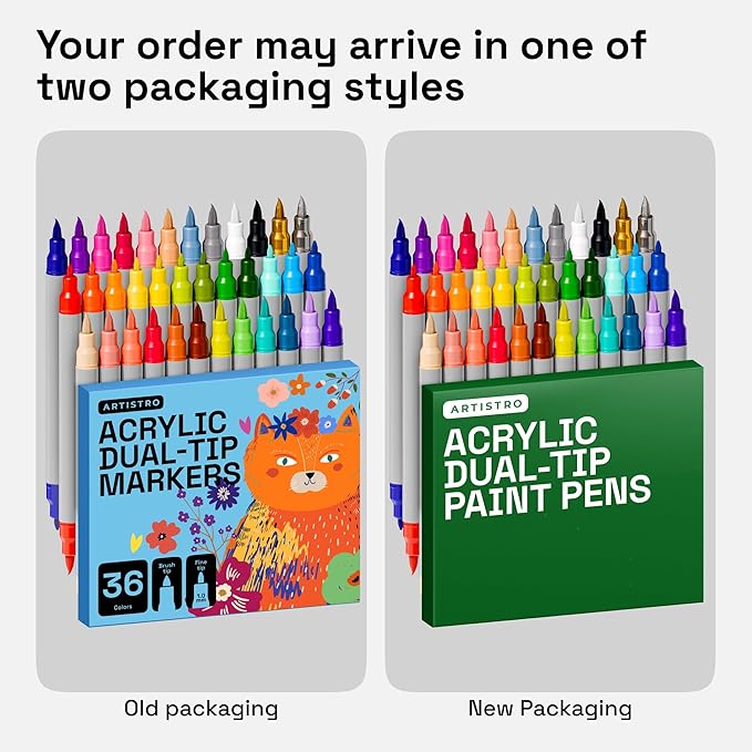 ARTISTRO 36 Acrylic Paint Markers - Paint Pens Dual Tip Brush + Fine Ideal for Calligraphy - Perfect for Fabric, Rock, Glass, Wood, DIY - Art Supplies, Stocking Stuffers, Christmas Gift Idea