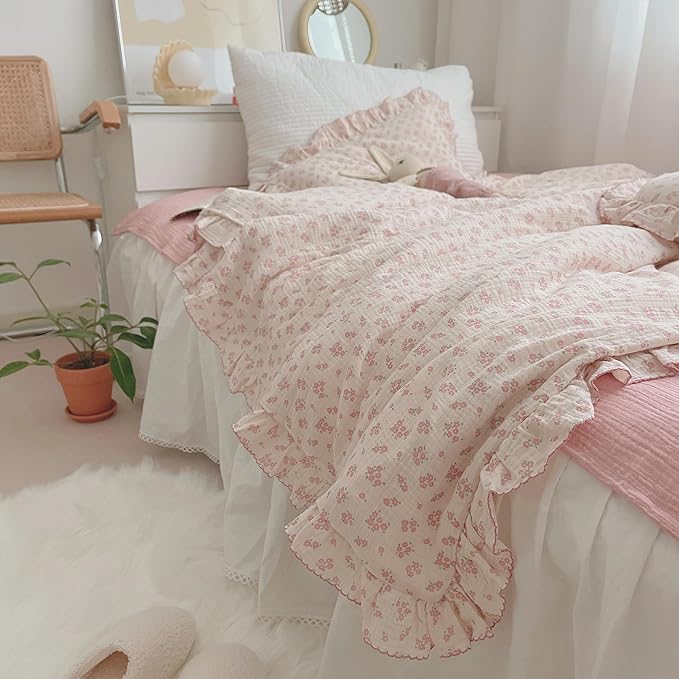 BuLuTu Pink Floral Duvet Cover Full Bedding Duvet Covers for Girls Kids Teens Soft Breathable Cotton Comforter Cover 79"x90" Shabby Chic Ruffles Quilt Cover, No Duvet/Comforter