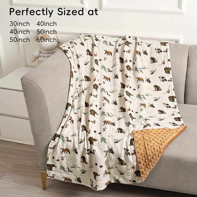 david's kids Muslin Minky Baby Blanket for Boys with Muslin Cotton Front and Dotted Fleece Backing, Breathable and Soft Lightweight Receiving Blanket for Newborns, 40x50 Inches, Woodland Animals