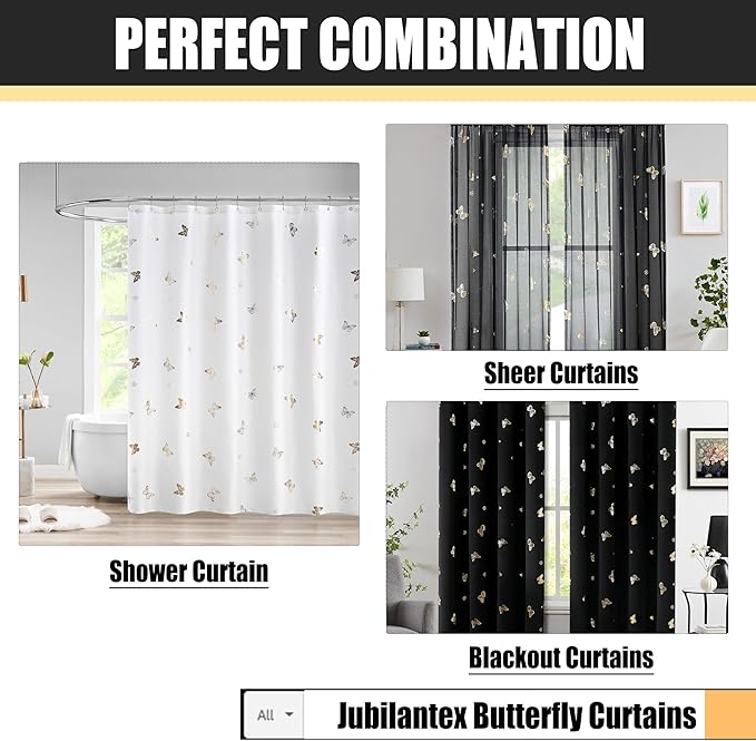 Jubilantex Black and Gold Butterfly Sheer Curtain Panels 52 Inches Wide for Kids Girls Bedroom, Elegant Gold Print Voile Rod Pocket Curtains, 63 Inch Long, Set of 2