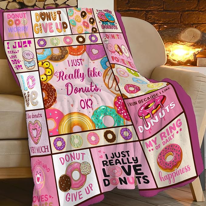 Pink Donut Fleece Blanket Dessert Throw Blankets for Girls Boys Super Soft Warm Flannel Cute Food Throws Gifts for Men Women Cozy Fuzzy Plush Stuffed Couch Bed Bedding Decor 80"x60"