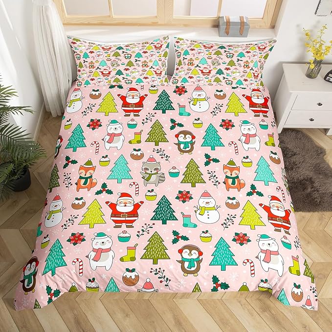 Manfei Christmas Duvet Cover Set Twin Size, Santa Claus Xmas Trees Animals Snowman Bedding Set 2pcs for Kids Girls, New Year Comforter Cover Soft Polyester Quilt Cover with 1 Pillowcase,No Comforter