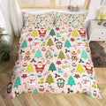 Manfei Christmas Duvet Cover Set Queen Size, Santa Claus Xmas Trees Animals Snowman Bedding Set 3pcs for Kids Girls, New Year Comforter Cover Soft Polyester Quilt Cover with 2 Pillowcases,No Comforter