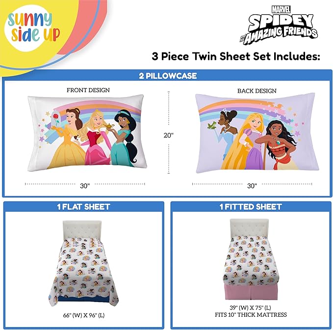 Sunny Side Up Disney Princess Twin Sheet Set - 3 Piece Kids Bedding Set Includes Pillow Cover – Super Soft Rainbow Microfiber Sheets Features Moana, Belle & Rapunzel