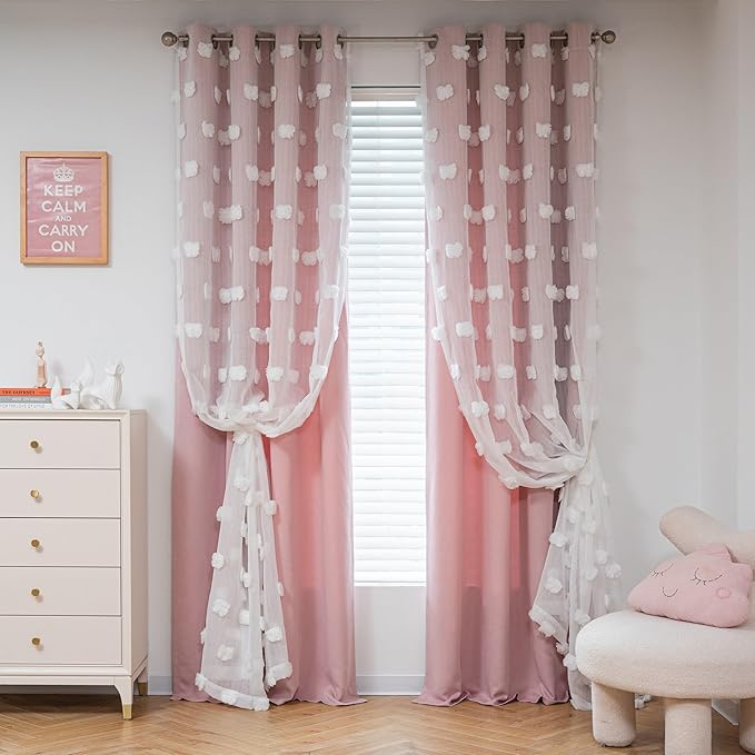 MYSKY HOME Pink Curtains for Girls Bedroom 54 Inches Long Kids Curtain with White Pom Pom Sheer Short Curtains for Windows 2 Layered Drapes Grommet Room Darkening Nursey Curtain, 2 Panels, W52 X L54