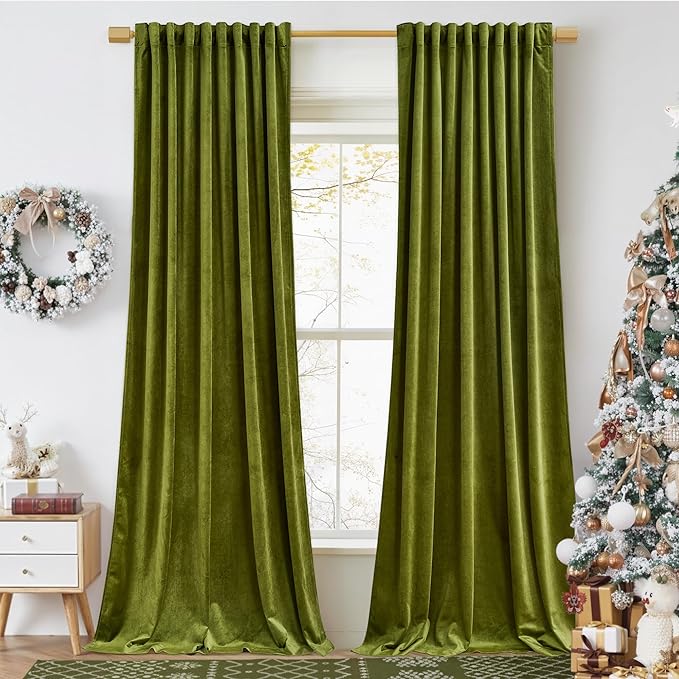 StangH Green Velvet Curtains 108 inches Long - Luxury Olive Green Thermal Insulated Room Darkening Window Drapes Back Tab Privacy Panels for Living Dining Room, W52 x L108, 2 Panels