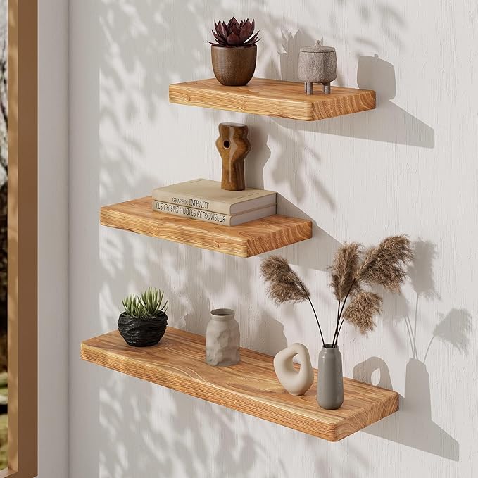 Floating Shelves 30" W x 8" D, Solid Elm Wood Shelves for Wall, 8 Inch Deep Floating Shelves for Home Storage & Display, Rustic Wooden Bathroom Shelves 30 Inch Long, Set of 2, Heavy-Duty Bookshelf