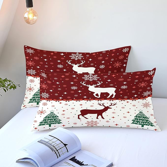 Christmas Duvet Cover King Size Red Bow Deer Bedding Set Kids Boys Girls Xmas Christmas Tree Comforter Cover 3 Pieces with Zipper Closure (No Comforter)