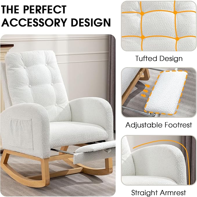 NIOIIKIT Nursery Rocking Chair, Linen Upholstered Glider Chair with Footrest, Tufted Rocker Recliner with Side Pocket, Comfy Recliner Glider, Accent Chair for Living Room (White Polar Fleece)