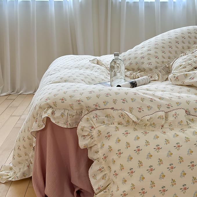 BuLuTu 2-Layer Cotton Muslin Duvet Cover Full for Kids Girls Boys, Shabby Chic Floral Duvet Covers Beige Comforter/Quilt Cover with Ruffles, 79"x90", Azalea, No Pillow Cases
