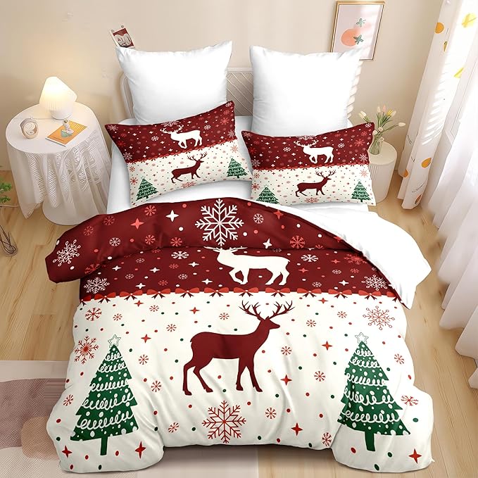 Christmas Duvet Cover Twin Size Red Bow Deer Bedding Set 2 Pieces Kids Boys Girls Xmas Christmas Tree Comforter Cover with Zipper Closure and 1 Pillowcase (No Comforter)