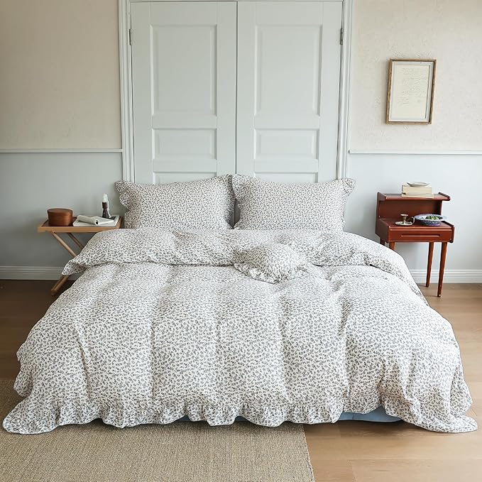 BuLuTu Chic Shabby Blue Floral Print Duvet Cover Queen, Double-Layer Cotton Muslin Comforter Cover with Ruffles, Kids Teens Bedding Quilt Covers,90"x90", Zipper Closure, No Pillow