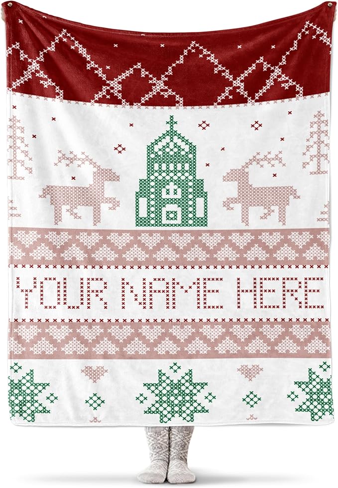 Personalized Christmas Stitch Style Blanket - Ships Next Day from USA - Fleece or Sherpa, Soft Sofa Throw, Customizable Family Throws, Holiday Home Decor, Cozy Christmas Bedding (Fleece 30x40)