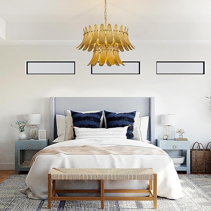 TOCHIC Modern Farmhouse Gold Chandelier, 6-Light Leaf Chandeliers for Dining Room, 24" 2-Tier Ceiling Light Fixture for Living Room, Bedroom, Entryway, Kitchen Island