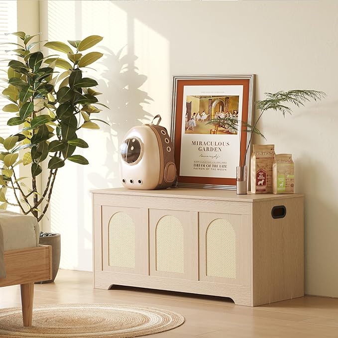 DINZI LVJ Storage Chest, 39.4" Rattan-Like Box with 2 Safety Hinges, Wooden Entryway Shoe Bench with Flip-Top, Storage Trunk for Living Room, Bedroom, Easy Assembly, Natural