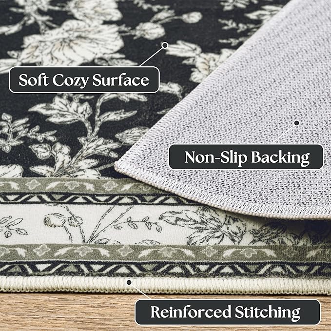 Black Floral 8x10 Area Rugs for Living Room, Cream Beige Taupe Sketch Pattern Bedroom Rug Boho Low Pile Dining Room Washable Carpet 8x10, Vintage Soft Indoor Non-Slip Floor Covering Nursery Playroom