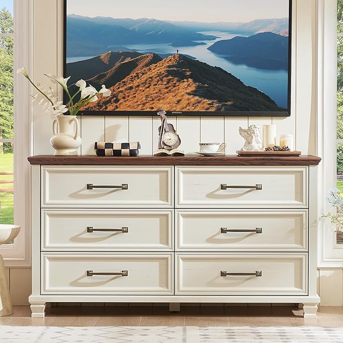 Farmhouse Bedroom Dresser and Nightstand Set of 4, 6 Drawer Low & 5 Drawers Dresser & 3 Drawer Nightstand Set with Wooden Legs, Rustic Wood Furniture for Bedroom, Hallway, White