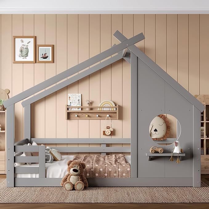SOFTSEA Full Size House Bed Frame, Kids Floor House Bed with Window and with Storage Shelf for Boys Girls, Wood Montessori Bed with Roof and Guardrails, Grey