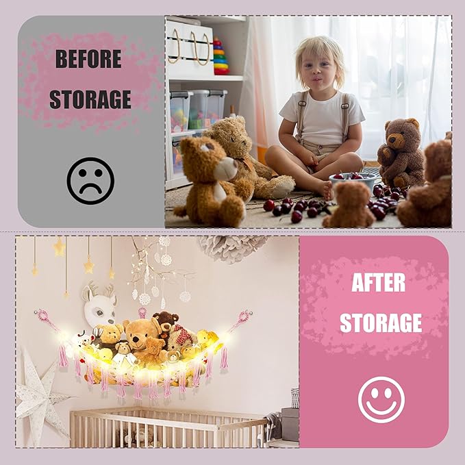 Stuffed Animal Hammock with LED Light, Large Stuffed Animals Storage Corner Plushie Net for Kids Room Decor, 2 Packs Pink