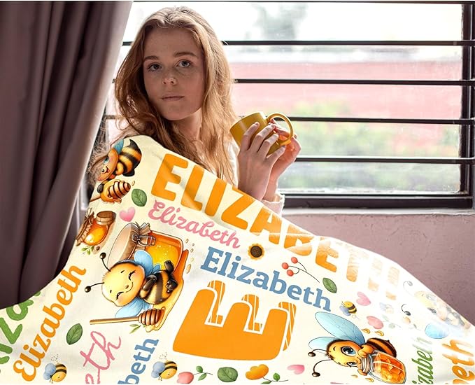 Personalized Custom Honeybee Blanket Gifts for Kids Boys Girls with Name - Customized Honeybee Super Soft Lightweight Flannel Sheets Decor for Crib Nap Couch - 90"x120" for Whole Family
