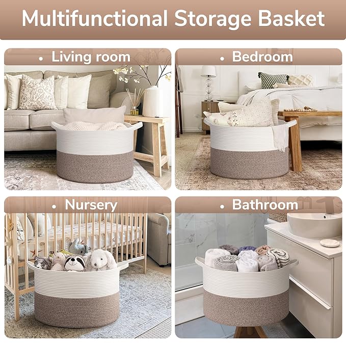 Goodpick Blanket Basket, Living Room Decor,19.7"x19.7"x12.6" Cotton Rope Basket for Decor, Dorm Room Essentials, Baby Toy Storage