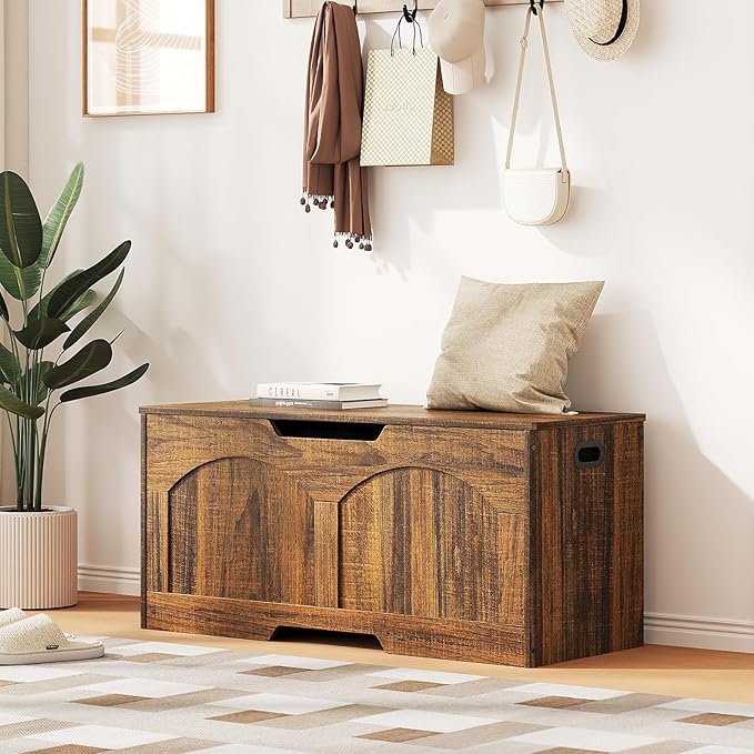 Storage Bench, 39.4" Retro Storage Trunk, Storage Chest with 2 Safety Hinges, U-Shaped Cut-Out Pull, Farmhouse Style, 39.4" x 15.7" x 18.3", Entryway Storage Bench, Supports 330 lb, Rustic Brown