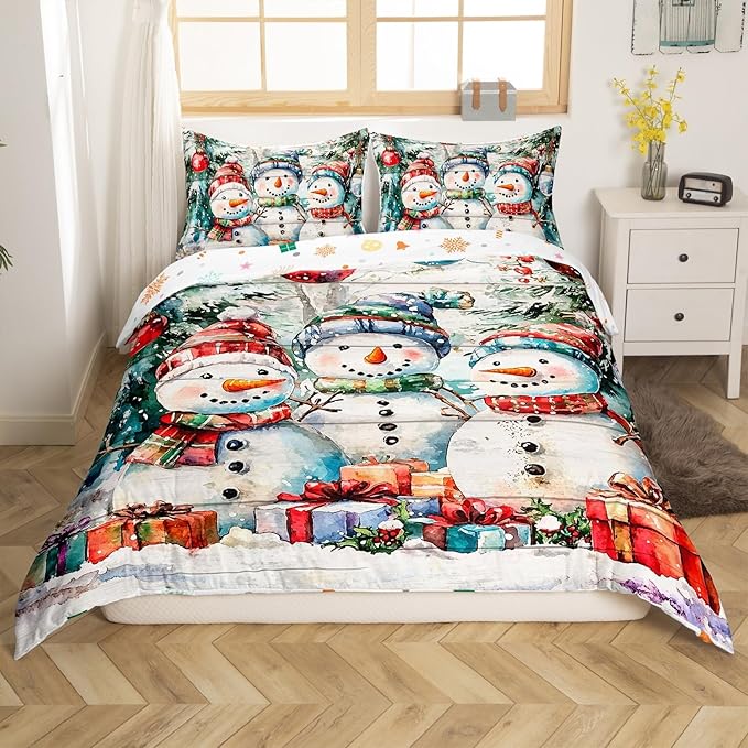 Cartoon Snowman Duvet Cover Set Queen Size,Xmas Tree Winter Snow Merry Christmas Bedding Set,Boys Girls Room Decor,Wooden Plank Rustic Comforter Cover,White Quilt Cover,2 Pillowcases,No Comforter