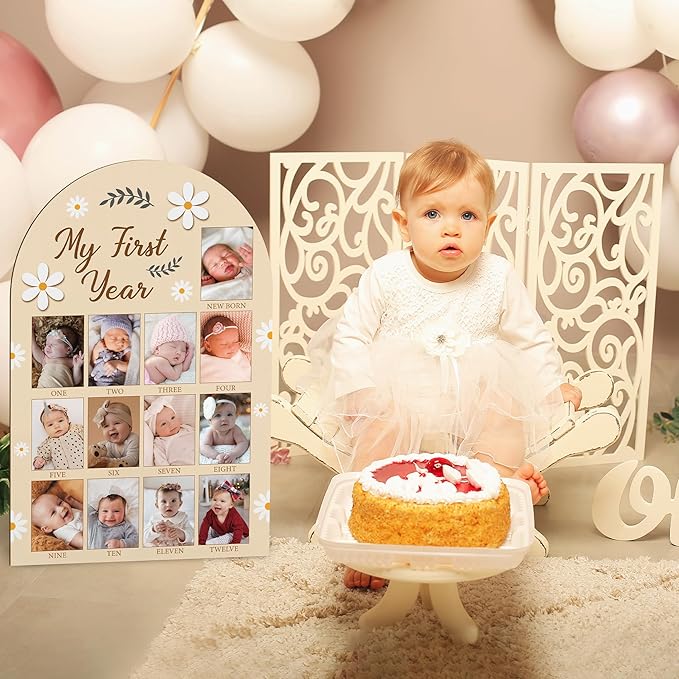 R HORSE Large My First Year Photo Frame Board, 23 x 15 Inches 3D Daisy Birthday Decorations Display Wood Board, Baby First Year Picture Frame 12 Months Milestone 1st Birthday Nursery Decor Gift