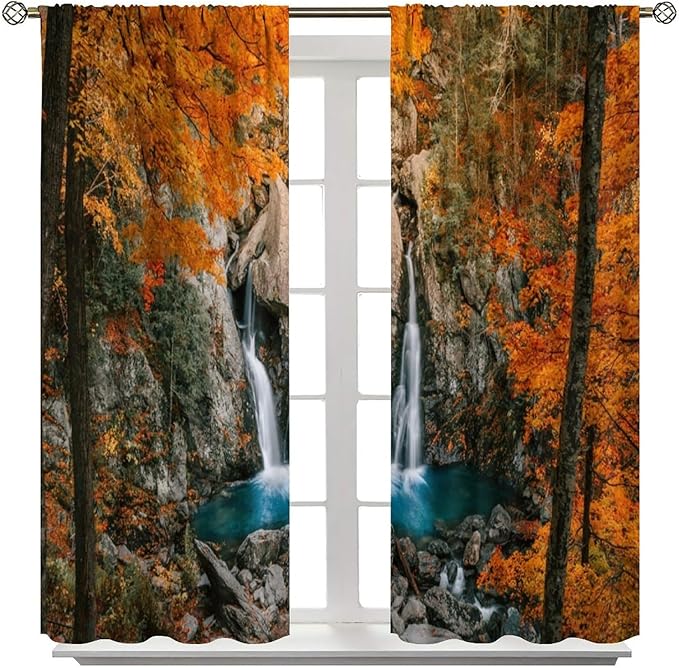 Autumn Waterfall Blackout Windows Curtains, Rustic Farmhouse Fall Forest Landscape Window Drapes, for Living Room Bedroom 63" W X 72" L