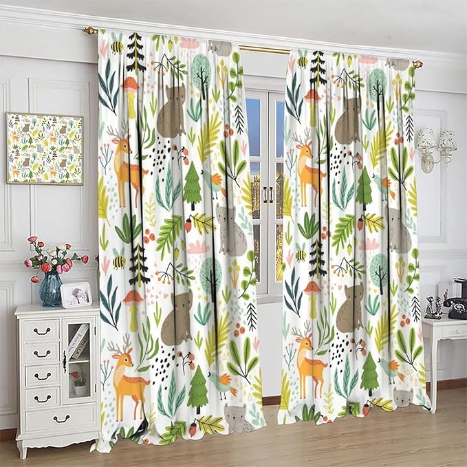 Cartoon Forest Kids Blackout Curtains,Cute Woodland Wild Animals Colorful Deer Plants Trees Print Pattern Thermal Insulation Window Drapes for Nursery Boys Girls Bedroom,White Background 55x63in