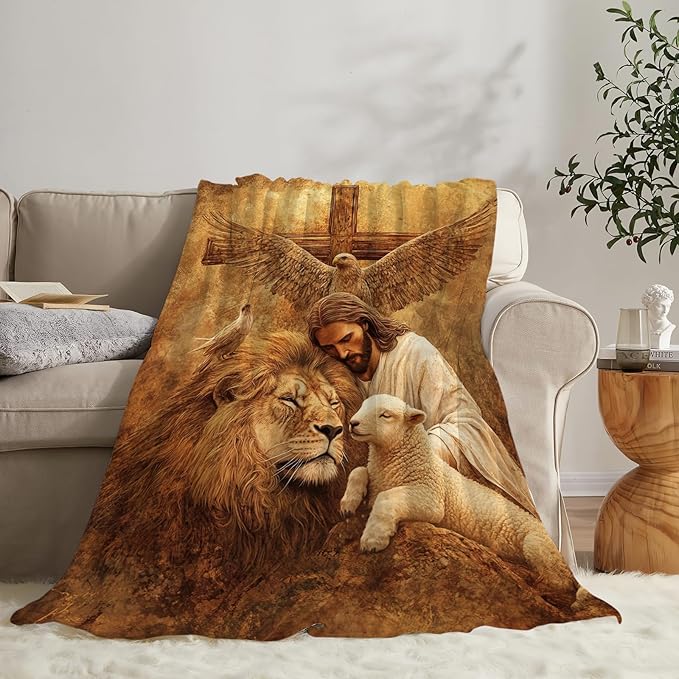 Jesus Blanket Lion Lamb Throws Christian Cross Print Plush Fuzzy Fleece Blankets Gifts for Girls Boys Women Super Soft Warm Cozy God Eagle Stuff for Men Women Couch Bed Sofa Bedding Decor 80"x60"