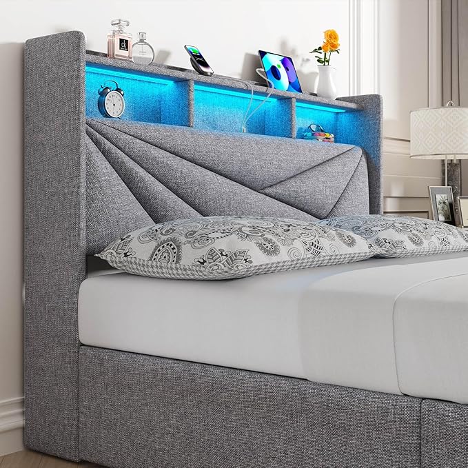 LED Full Size Bed Frame with 4 Storage Drawers, Upholstered Full Bed Frame with 2-Tier Headboard and Charging Station, No Box Spring Needed, Easy to Assembly - Light Grey